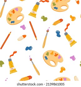 Art supplies seamless pattern. Palette with paints, tube of paint and brush. Subjects for drawing, creativity, hobbies and schools. Textile, studio decoration, workshop appearance. Vector illustration