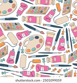 Art supplies seamless pattern with palettes, paints, brushes for wallpaper, prints, backgrounds, wrapping paper, scrapbooking, etc. EPS 10