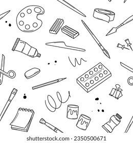 Art supplies seamless pattern. Stationery, paint, artistic objects hand drawn, doodle, lineart graphic background