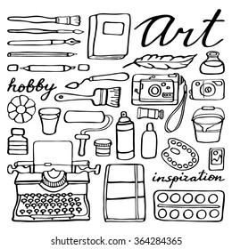 Art supplies set. Hand-drawn cartoon collection of art tools. Doodle drawing. Vector illustration