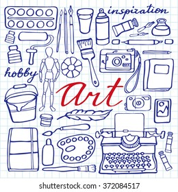 Art supplies set. Hand-drawn cartoon collection of art tools - painting, calligraphy, drawing, writing hobby supplies. Doodle pen drawing on the notebook page. Vector illustration