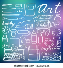 Art supplies set. Hand-drawn cartoon collection of art tools - brush, feather, photo camera, paint, artbook. Doodle drawing. Vector illustration