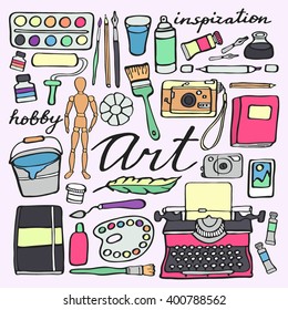Art supplies set. Hand-drawn cartoon collection of art tools - painting, calligraphy, drawing, writing hobby supplies. Doodle drawing. Vector illustration