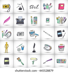 Art Supplies Set. Hand-drawn Cartoon Collection Of Art Tools - Painting, Calligraphy, Drawing, Writing Hobby Supplies. Doodle Drawing. Vector Illustration