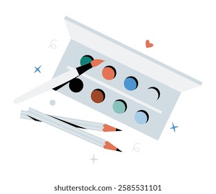 Art Supplies Set Including Watercolor Palette, Paintbrush, And Pencils In Flat Vector Illustration Symbolizing Creativity, Artistic Expression, And Painting, Isolated On White Background.