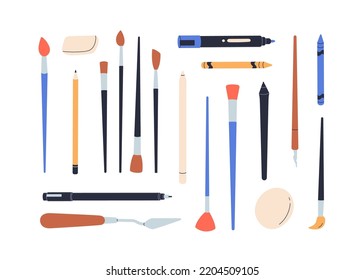 Art supplies set. Paint brushes, pencils, liners, erasers, painters tools. Paintbrushes, painting knife, sponge, pen, stuff for drawing. Flat vector illustration isolated on white background