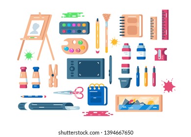 Art supplies set vector illustration. Composition consists of easel palette of paints tassels colour pencils sharpener and other equipment and tools flat style concept. Isolated on white