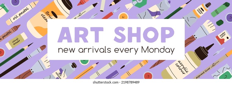 El arte provee diseño de pancartas en la tienda. Tienda de artesanías y fondo con accesorios de pintura, herramientas. Promoción creativa de mercado, plantilla de publicidad con artículos de escritorio para artistas. Ilustración vectorial plana