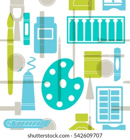 Art supplies silhouette seamless pattern, vector illustration for wallpaper, textile, background. Flat style design elements on white background.