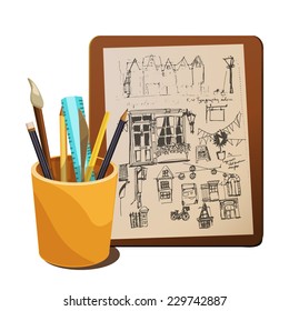 Art supplies and sketch, vector illustration.