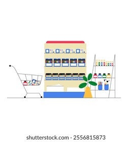 Art Supplies Store With Shelves And Shopping Trolley In Flat Vector Illustration Symbolizing Creativity, Crafts, And Painting Tools, Isolated On White Background.