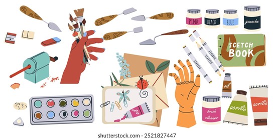 Art supplies, tool kit. Artists equipment, drawing supplies. Flat graphic vector illustration.