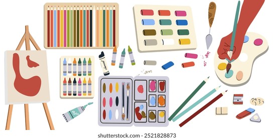 Art supplies, tool kit. Artists equipment, drawing supplies. Flat graphic vector illustration.