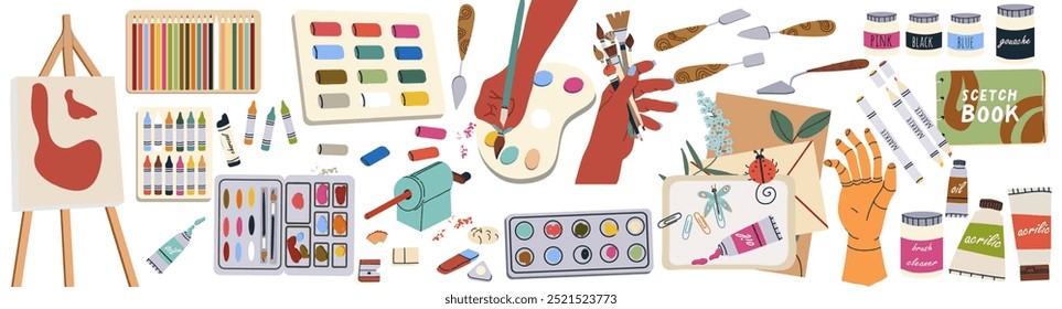 Suministros de arte, kit de herramientas. Paletas de pintura, pinceles, juego de lápices, bolígrafo, cuaderno de bocetos, caballete y lienzo. Equipo de Artistas, suministros de dibujo. Ilustración vectorial gráfica plana.