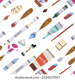 Art supplies, tools pattern. Seamless background design, creative stationery print. Flat vector illustrations set for wrapping.