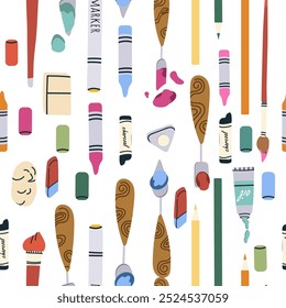 Art supplies, tools pattern. Seamless background design, creative stationery print. Flat vector illustrations set for wrapping.