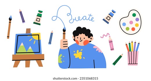 Art supplies. Art tools set. Boy with paint brash. Flat vector illustration.