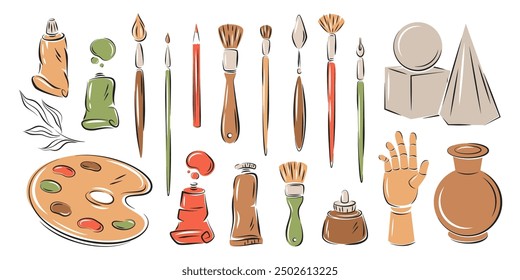 Suministros de arte, conjunto de herramientas, accesorios de pasatiempo creativo. Paletas de pintura, pinceles, pluma. Ilustraciones vectoriales aisladas sobre fondo blanco