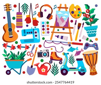 Art supplies, tools set. Hobby items set. Vector illustration