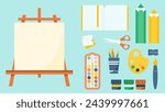 Art supplies, tools set. Paints palettes, brushes, pencils, sketchbook, easel and canvas. Painters equipment, drawing stationery. Flat graphic vector illustrations isolated  set.