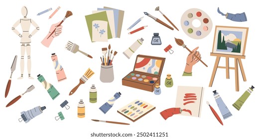 Art supplies, tools set. Paints palettes, brushes, pencil kit, pen, sketchbook, easel and canvas. Trendy modern vector illustration isolated on white, hand drawn, flat design.