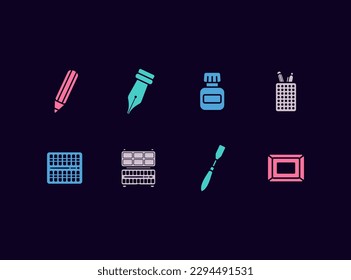 Art supplies vector icon set. Artist tools and goods icons.