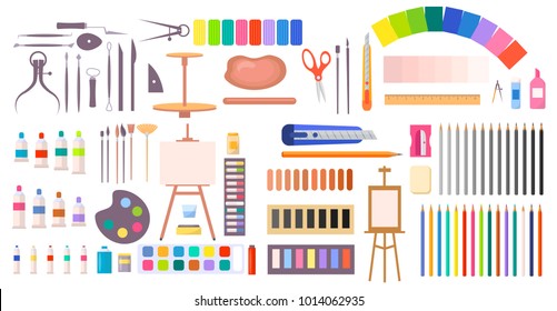 Art supplies vector illustration with icons of easel, different brushes, various paints and tools and instruments for painting and handmade in cartoon style