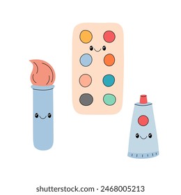 Art supplies vector illustrations set. Watercolor, paints, brush. Cute smiling characters in funny doodle style