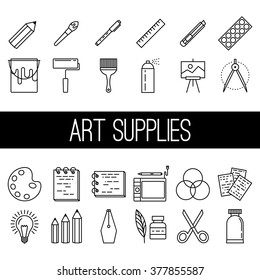 Art supplies vector set. Isolated objects. Art supplies in trendy line art style.