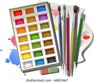 Art supplies: watercolor paints, brushes, pencils, eraser, palette, paper. Over white