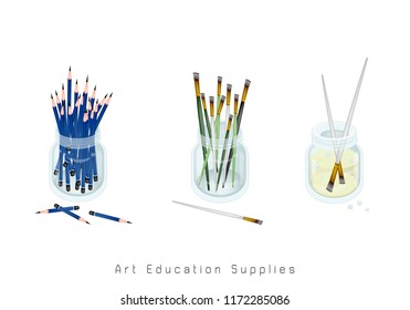 Art Supply, Craft Paintbrush or Artist Brushes and Sharpened Pencils in Glass Jar for Drawn and Paint A Picture Isolated on White Background. Sign for Welcome Back to School.