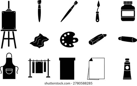 Art supply creative tool silhouette icons set with drawing painting elements
