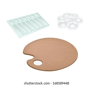 Art Supply, An Illustration Collection of Wooden Art Palette, Plastic Palette and Rectangle Palette Isolated on White Background. 