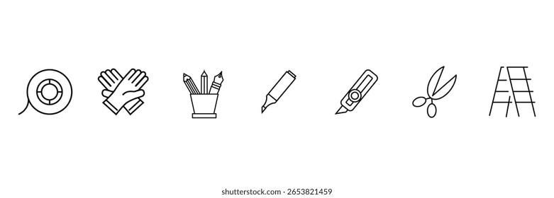 Art supply tools tape gloves pen marker cutter scissors ladder icon vector illustration for workshop classroom education craft drawing.