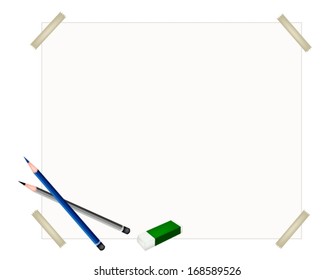 Art Supply, Two Sharpened Detailed Pencils and Eraser Laying on Drawing Paper for Writing or Sketch and Draw A Picture. 