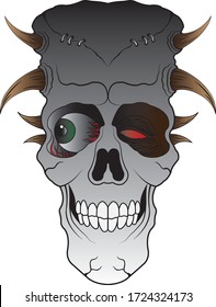 Art Surreal Demon Skull Tattoo. Hand drawing and graphic vector.