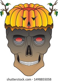 Art Surreal Pumpkin mix Skull Halloween day.Hand drawing and make graphic vector.