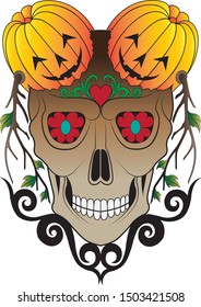 Art Surreal Pumpkin mix Skull Halloween day.Hand drawing and make graphic vector.