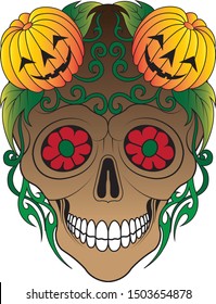 Art Surreal Pumpkin mix Skull Halloween day.Hand drawing and make graphic vector.