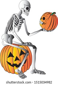 Art Surreal Pumpkin Mix Skull Halloween Day. Hand drawing and make graphic vector.