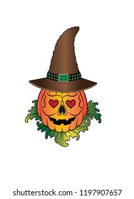 Art Surreal Witch Pumpkin Skull.Hand drawing and make graphic vector.