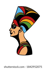 Art tattoo picture of woman side view. Egyptian god, queen. Colorful tattoo. Ancient Egypt mythology. Ancient civilization art design. Cartoon vector illustration