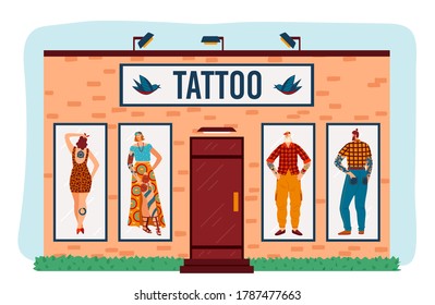 Art tattoo salon vector illustration. Cartoon flat building with tattooed hipster man woman characters wearing stylish fashioned casual clothes at window, tattooing body street style isolated on white