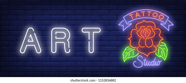 Art, tattoo studio neon text with red rose. Tattoo salon or studio concept. Advertisement design. Night bright neon sign, colorful billboard, light banner. Vector illustration in neon style.