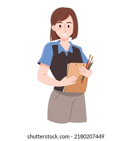 Art teacher holding paper, brush and pencil