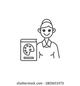 Art teacher line icon. linear style sign for mobile concept and web design. Woman teacher with art book outline vector icon. Symbol, logo illustration. Vector graphics