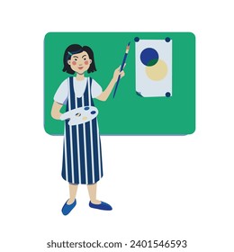 Art teacher. A young woman stands at the blackboard. A drawing lesson is in progress. Vector illustration on the theme of school