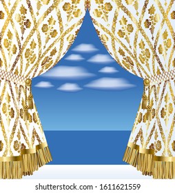 Art template with gold curtains and sea background. Artistic poster. Vector illustration