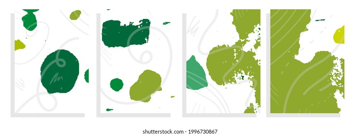 Kunstvorlagen-Set, grüne Naturzeiten, abstrakter Vektorhintergrund mit Zeichnungselementen, dünne Linien