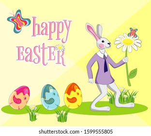 Art text: Happy Easter. Bright Easter eggs - jogging chasing rabbits on a green lawn to congratulate on the holiday. Pastel pleasant colors.